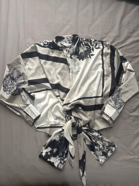 Fashion Nova Black & White Floral Stripe Tie-Front Blouse